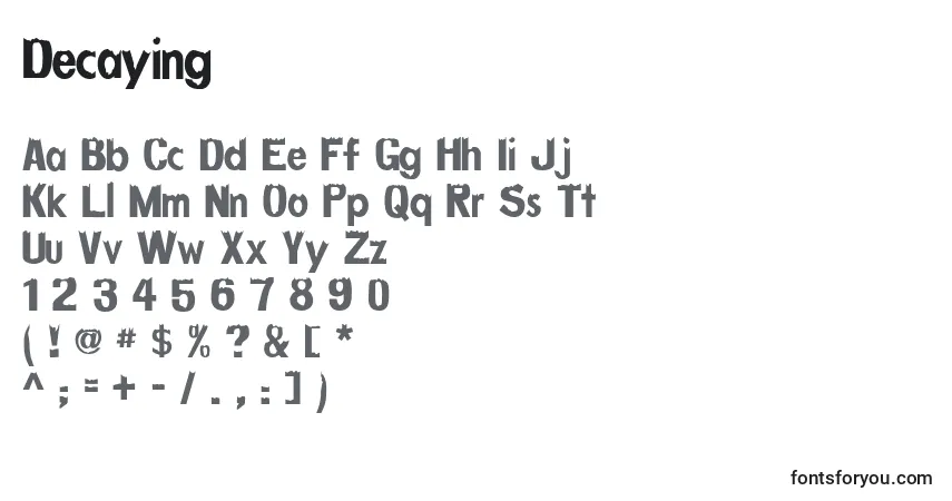 Czcionka Decaying – alfabet, cyfry, specjalne znaki