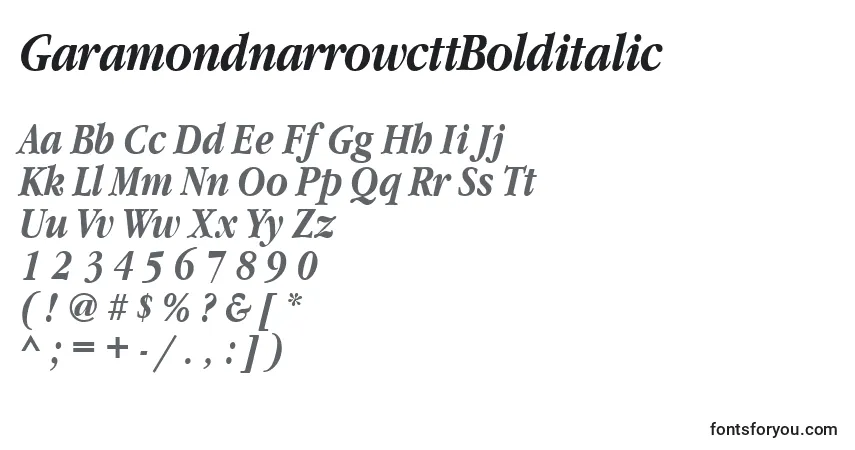 Шрифт GaramondnarrowcttBolditalic – алфавит, цифры, специальные символы