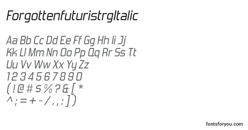 Czcionka ForgottenfuturistrgItalic – alfabet, cyfry, specjalne znaki