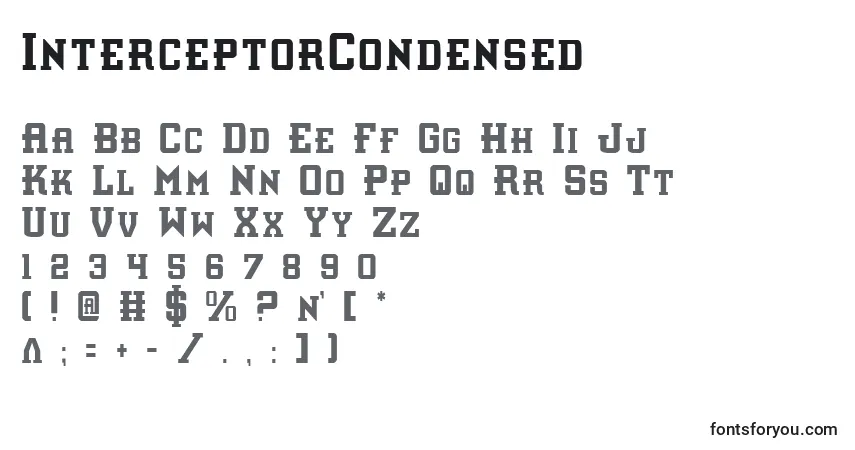 Czcionka InterceptorCondensed – alfabet, cyfry, specjalne znaki
