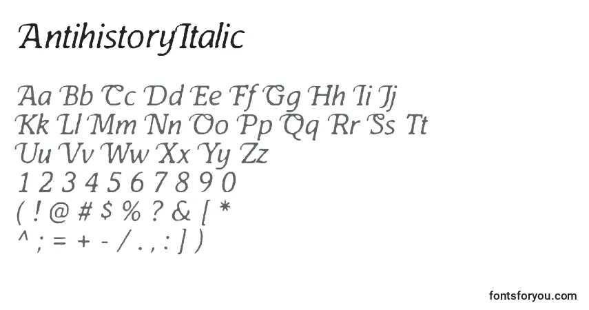 Шрифт AntihistoryItalic – алфавит, цифры, специальные символы