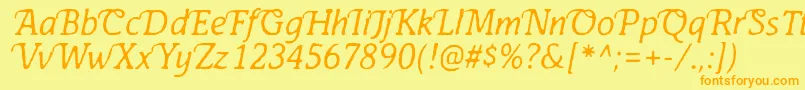 フォントAntihistoryItalic – オレンジの文字が黄色の背景にあります。