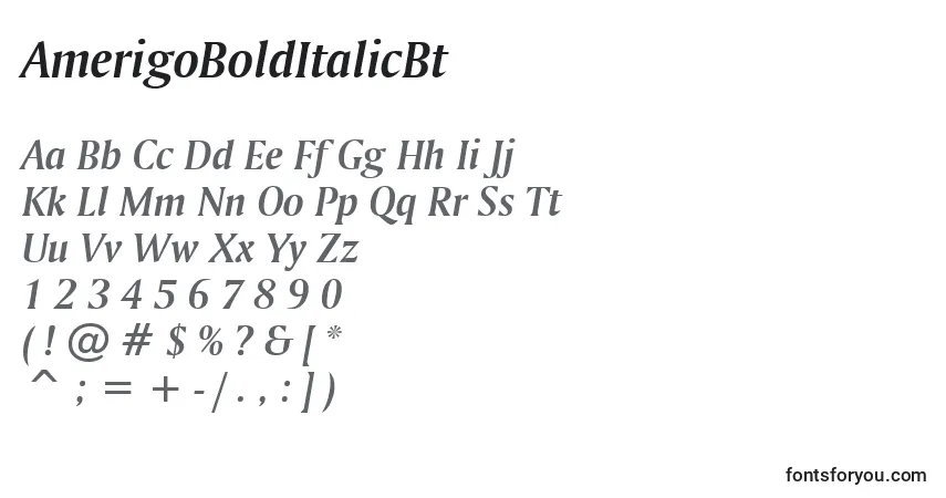 Шрифт AmerigoBoldItalicBt – алфавит, цифры, специальные символы