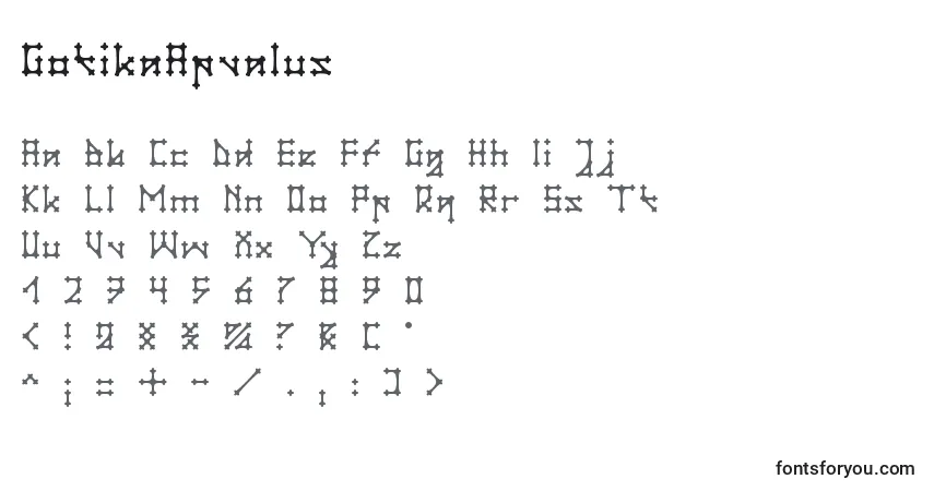 characters of gotikaapvalus font, letter of gotikaapvalus font, alphabet of  gotikaapvalus font