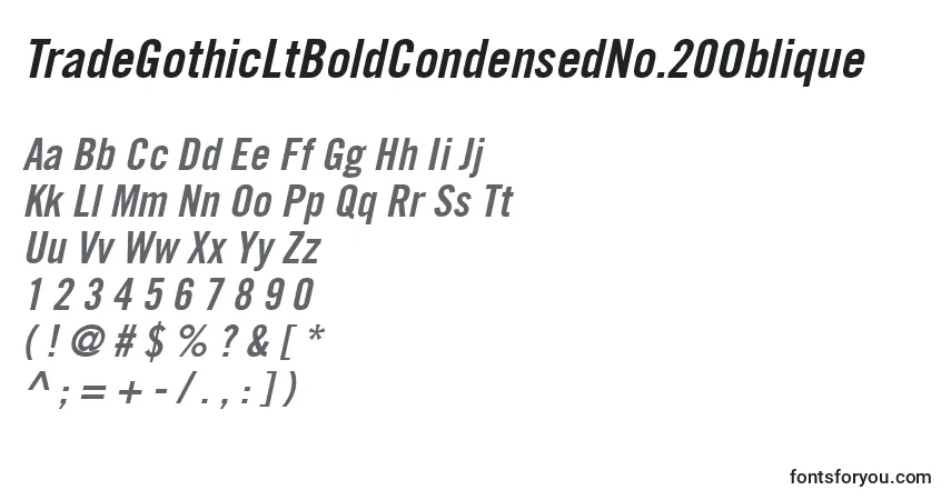 Шрифт TradeGothicLtBoldCondensedNo.20Oblique – алфавит, цифры, специальные символы