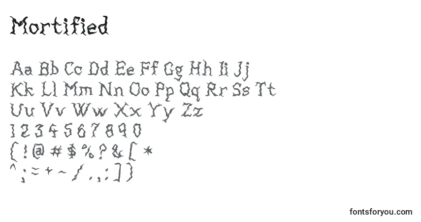 Czcionka Mortified – alfabet, cyfry, specjalne znaki