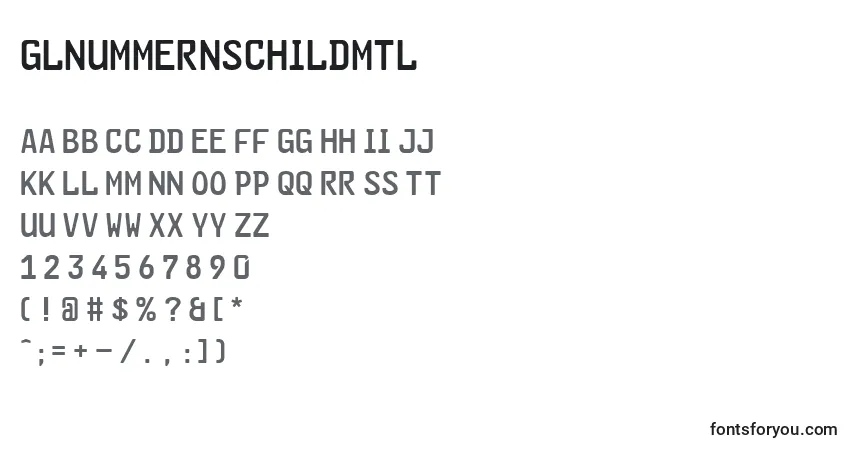 A fonte GlNummernschildMtl – alfabeto, números, caracteres especiais