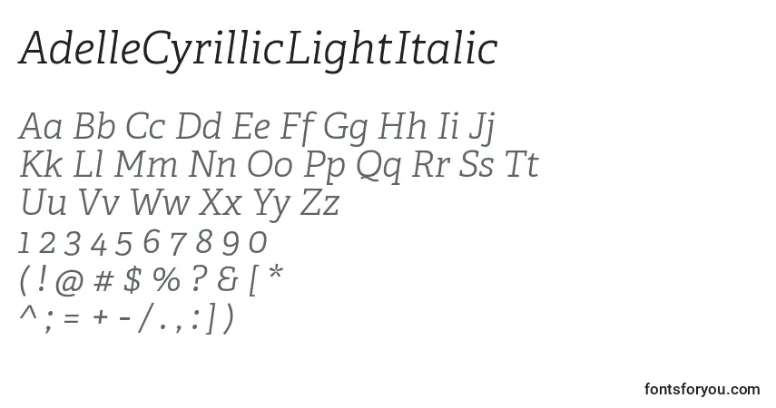 Czcionka AdelleCyrillicLightItalic – alfabet, cyfry, specjalne znaki
