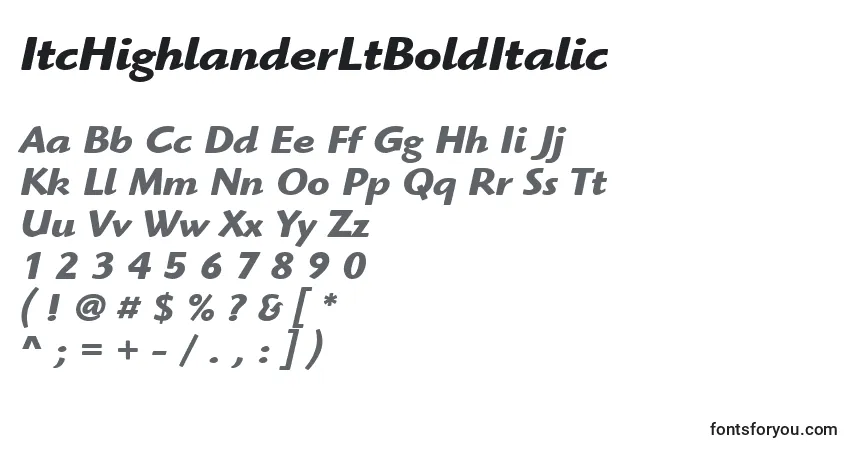 Czcionka ItcHighlanderLtBoldItalic – alfabet, cyfry, specjalne znaki