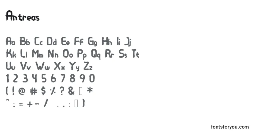Czcionka Antreas – alfabet, cyfry, specjalne znaki