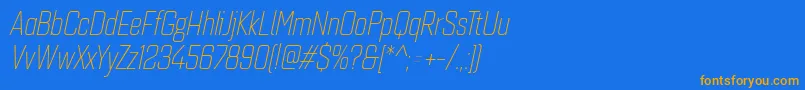 フォントQuarcacondlightitalic – オレンジ色の文字が青い背景にあります。