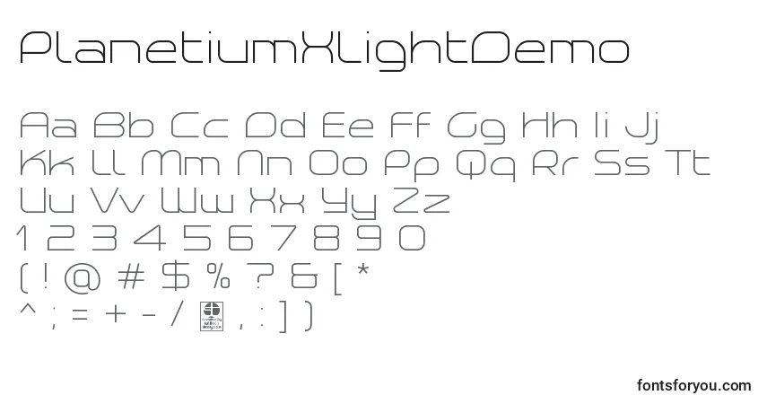 A fonte PlanetiumXLightDemo – alfabeto, números, caracteres especiais