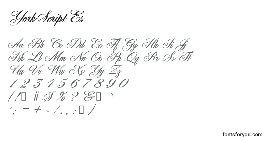Czcionka YorkScriptEs – alfabet, cyfry, specjalne znaki