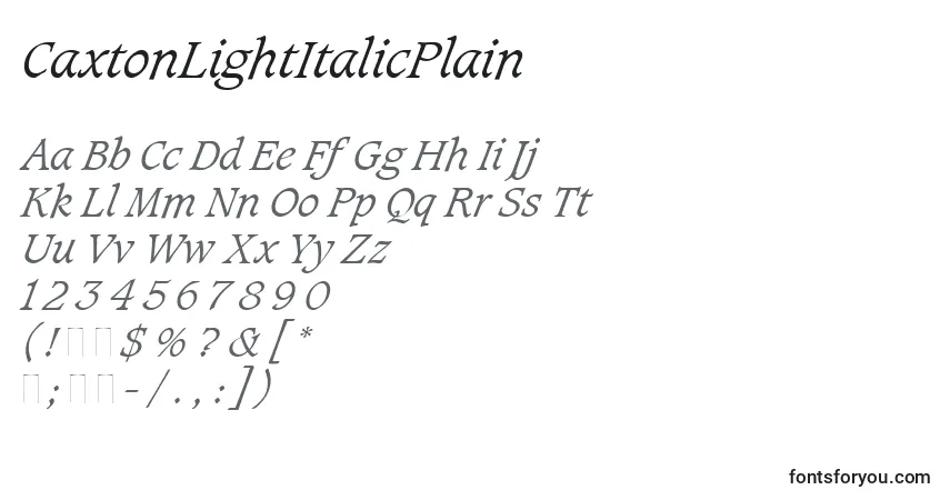 A fonte CaxtonLightItalicPlain – alfabeto, números, caracteres especiais