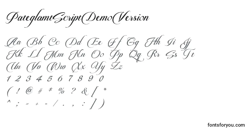 Czcionka PateglamtScriptDemoVersion – alfabet, cyfry, specjalne znaki