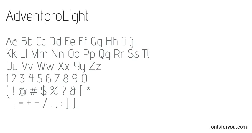 Schriftart AdventproLight – Alphabet, Zahlen, spezielle Symbole