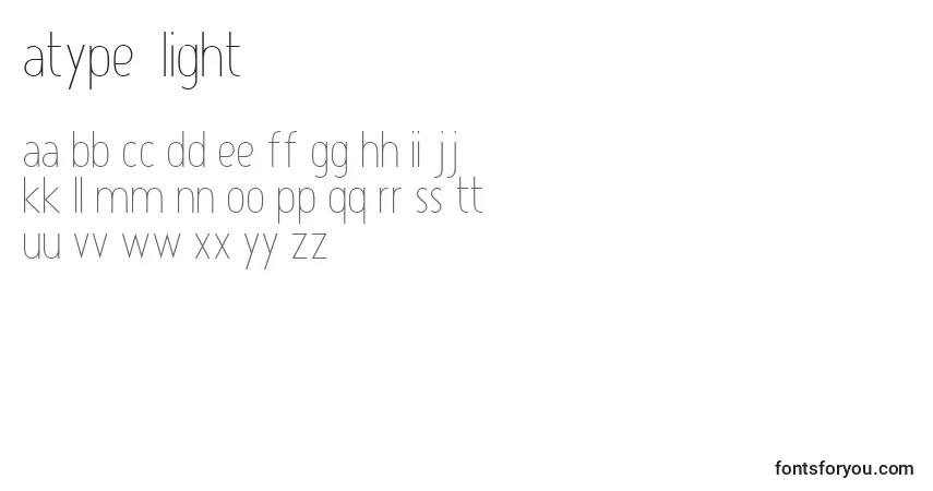 Czcionka Atype1Light – alfabet, cyfry, specjalne znaki
