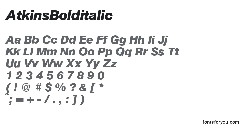 Czcionka AtkinsBolditalic – alfabet, cyfry, specjalne znaki