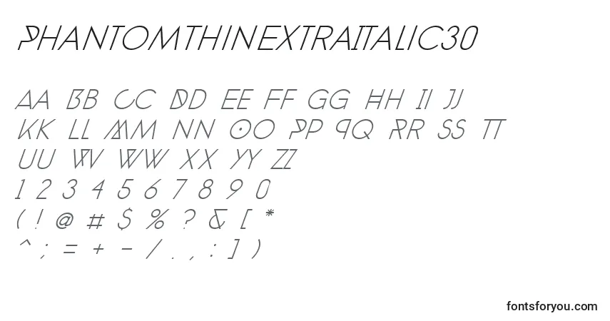 Шрифт PhantomThinExtraItalic30 – алфавит, цифры, специальные символы