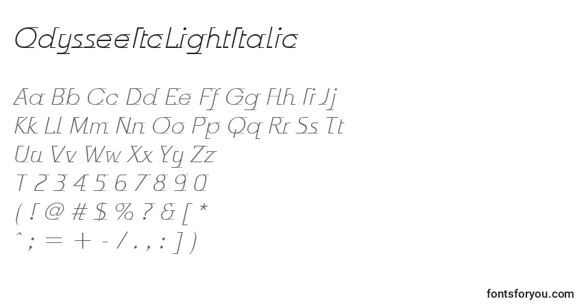 A fonte OdysseeItcLightItalic – alfabeto, números, caracteres especiais