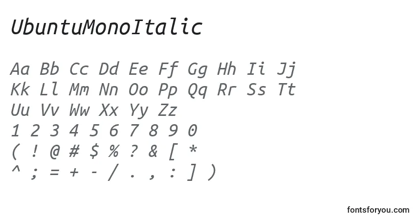 A fonte UbuntuMonoItalic – alfabeto, números, caracteres especiais