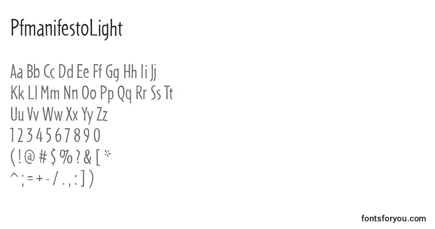 Czcionka PfmanifestoLight – alfabet, cyfry, specjalne znaki