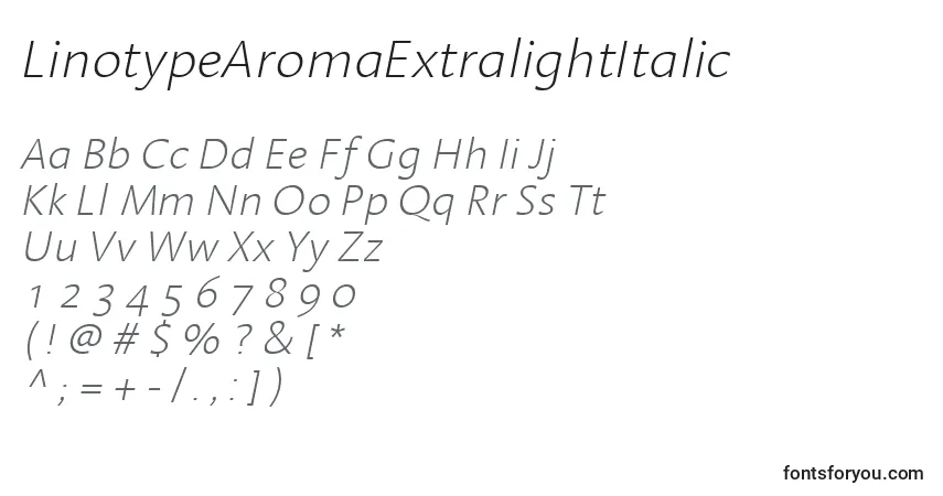 characters of linotypearomaextralightitalic font, letter of linotypearomaextralightitalic font, alphabet of  linotypearomaextralightitalic font