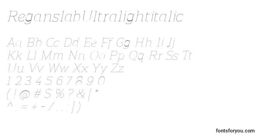 Schriftart ReganslabUltralightitalic – Alphabet, Zahlen, spezielle Symbole
