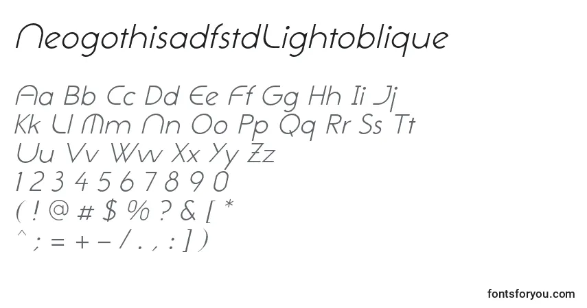 Шрифт NeogothisadfstdLightoblique – алфавит, цифры, специальные символы
