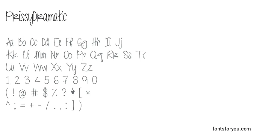 Schriftart PrissyDramatic – Alphabet, Zahlen, spezielle Symbole