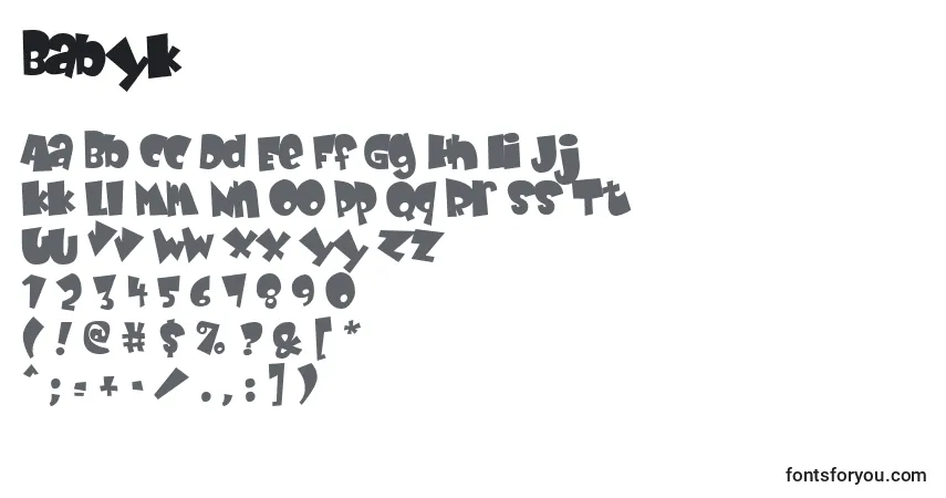 Czcionka Babyk – alfabet, cyfry, specjalne znaki