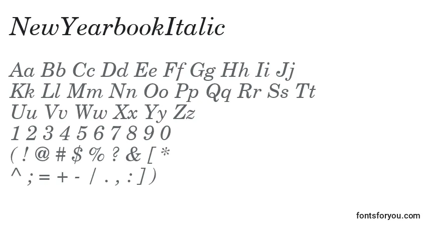 Czcionka NewYearbookItalic – alfabet, cyfry, specjalne znaki