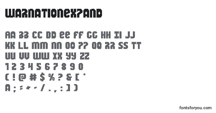 Czcionka Warnationexpand – alfabet, cyfry, specjalne znaki