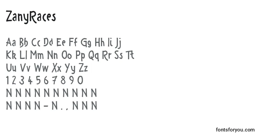 A fonte ZanyRaces – alfabeto, números, caracteres especiais