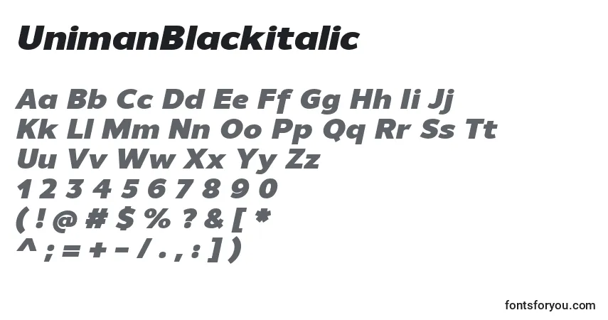 Czcionka UnimanBlackitalic – alfabet, cyfry, specjalne znaki