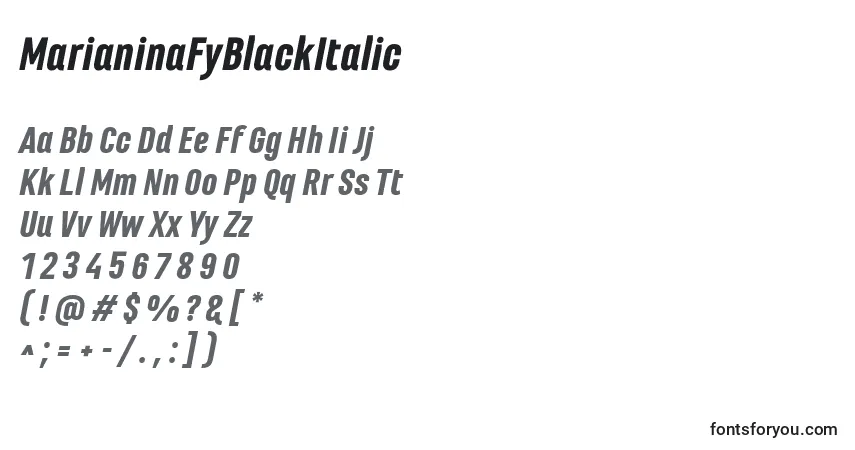 Czcionka MarianinaFyBlackItalic – alfabet, cyfry, specjalne znaki