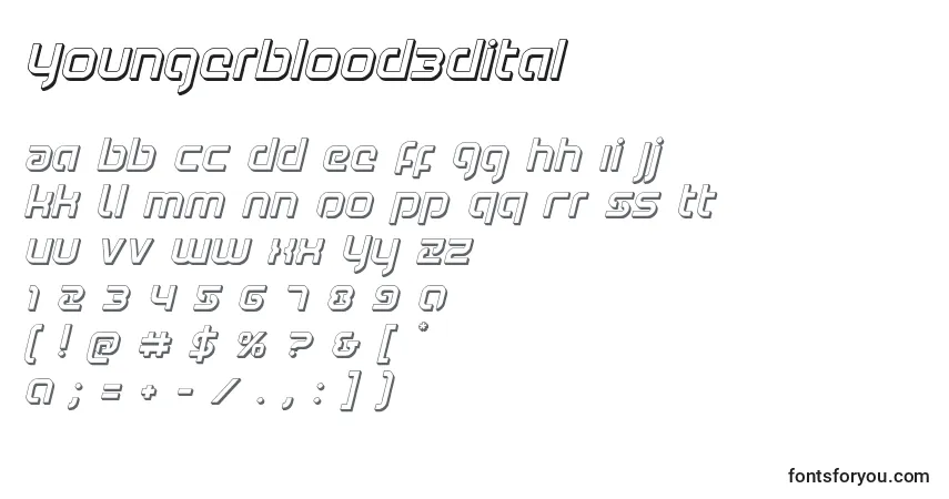 A fonte Youngerblood3Dital – alfabeto, números, caracteres especiais