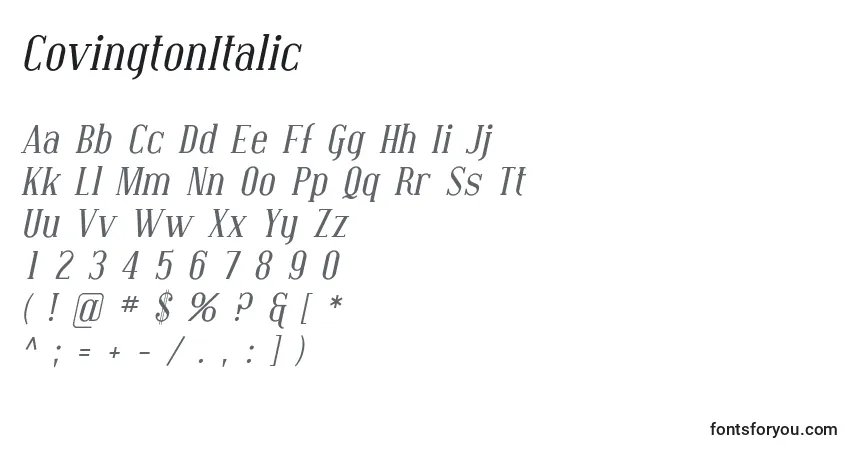CovingtonItalic-fontti – aakkoset, numerot, erikoismerkit