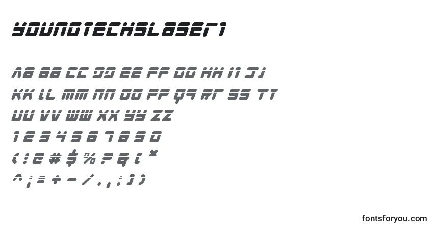 Schriftart Youngtechslaseri – Alphabet, Zahlen, spezielle Symbole