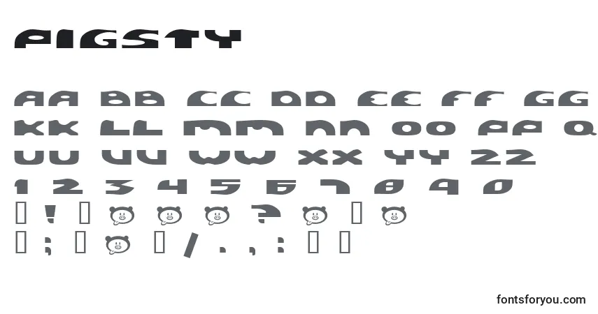 Czcionka Pigsty – alfabet, cyfry, specjalne znaki