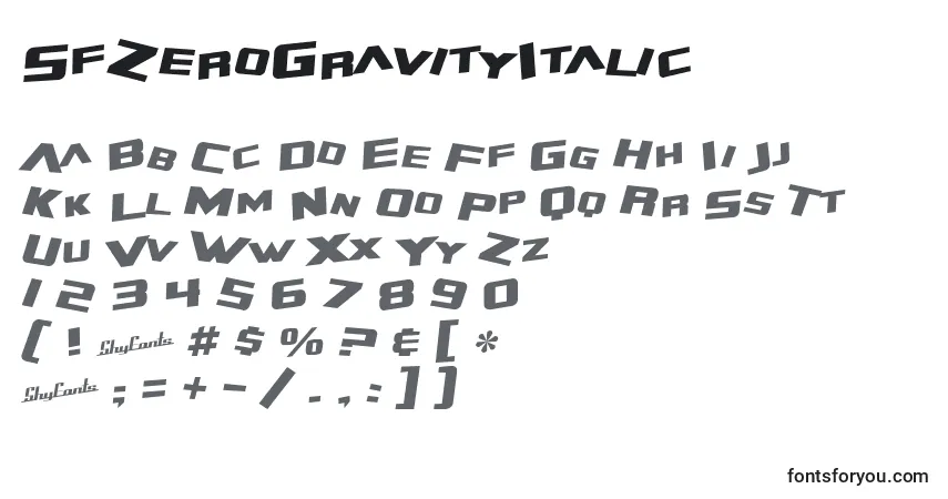 SfZeroGravityItalicフォント–アルファベット、数字、特殊文字
