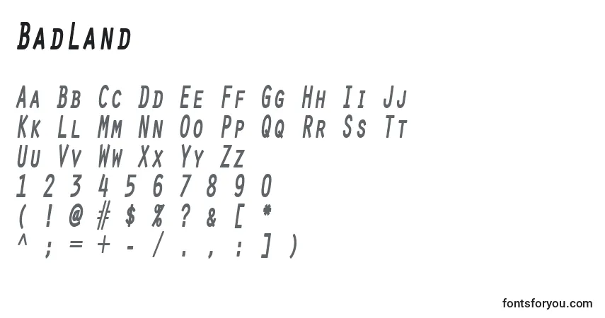 A fonte BadLand – alfabeto, números, caracteres especiais