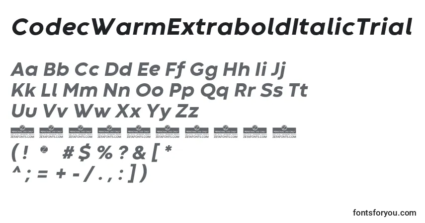 Czcionka CodecWarmExtraboldItalicTrial – alfabet, cyfry, specjalne znaki