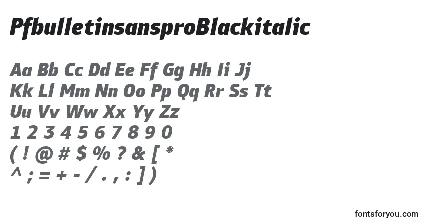 Шрифт PfbulletinsansproBlackitalic – алфавит, цифры, специальные символы