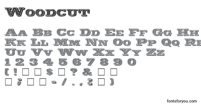Schriftart Woodcut – Alphabet, Zahlen, spezielle Symbole