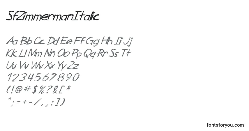 Czcionka SfZimmermanItalic – alfabet, cyfry, specjalne znaki