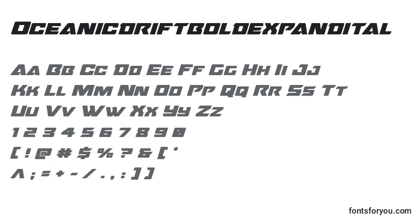 Oceanicdriftboldexpandital font – alphabet, numbers, special characters
