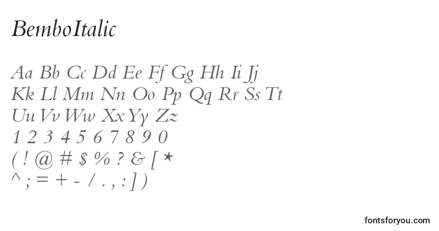 Шрифт BemboItalic – алфавит, цифры, специальные символы