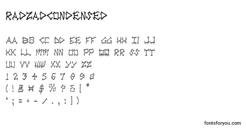 A fonte RadZadCondensed – alfabeto, números, caracteres especiais