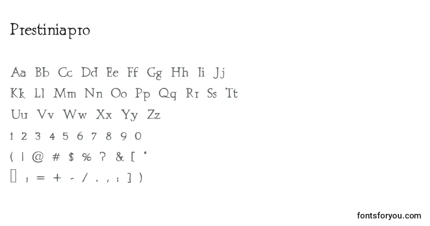 Czcionka Prestiniapro – alfabet, cyfry, specjalne znaki